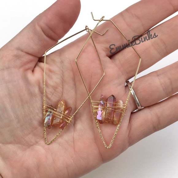 New FP Golden Wire Threader Geode Stone Geometric Hoop Earrings - Picture 4 of 16